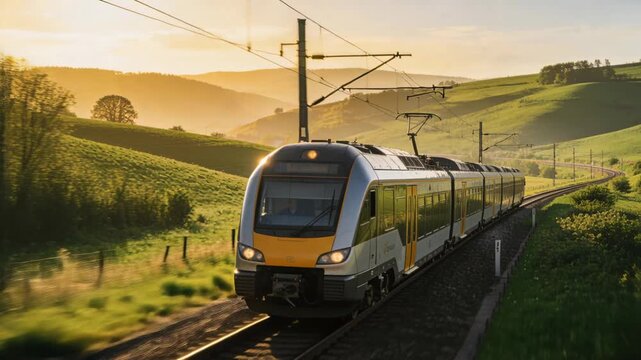Camera tracking electric regional train approaching curve, pantograph touching wire, promoting rail