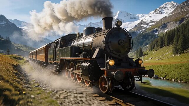 Approaching left, vintage steam locomotive chugging along alpine rail, smoking, pulling wooden cars