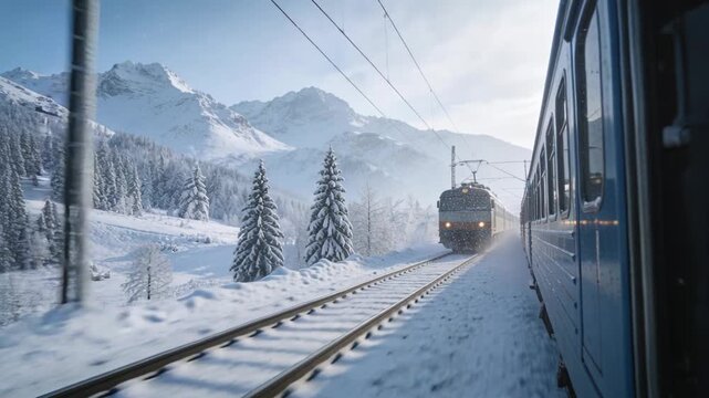 Closing oncoming electric loco moving toward camera on blue coach, entering alpine valley to pass