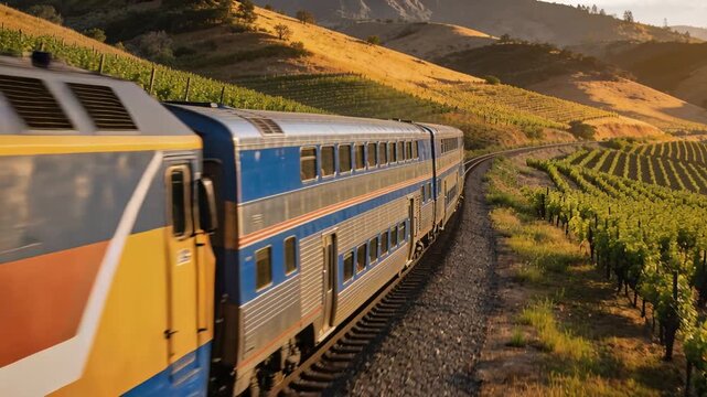 Approaching camera, silver-blue double-decker train rounding vineyard track curve, carrying riders