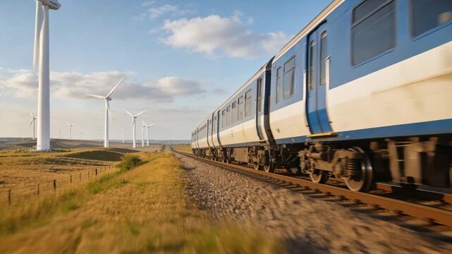 Tracking camera starting, blue-and-white train moving along grassland track heading past turbines
