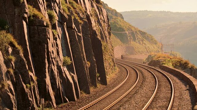 Entering from left, diesel locomotive pulling yellow-blue coaches following coastal cliff tracks