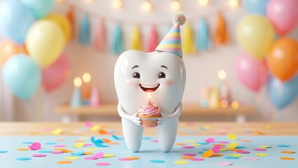 Naklejka premium Smiling tooth character celebrating birthday with cupcake and party hat. Fun anthropomorphic dental mascot at party with balloons and confetti. Cartoon illustration for kids oral health education and