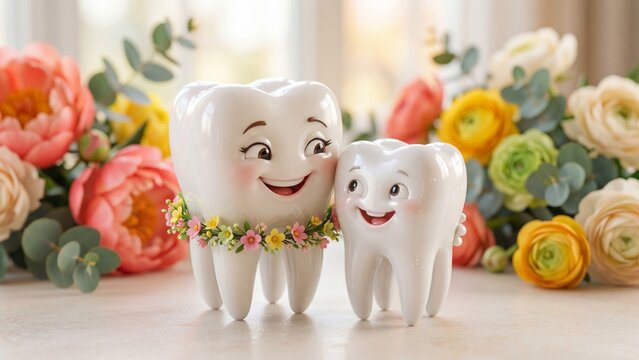 Happy mother tooth embracing child tooth with flowers. Family dental care and oral hygiene concept. Joyful illustration for kids dentistry and healthy smiles