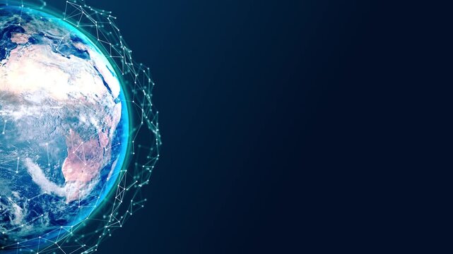 Glowing Blue Earth with Global Digital Plexus Network and Data Waves, Futuristic Technology Planet Background Loop