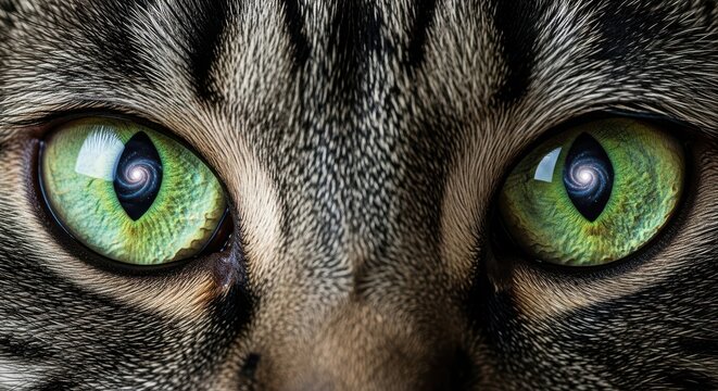 Striking macro close-up of a tabby cat's vibrant emerald green eyes with dilated pupils, showcasing intricate fur detail.