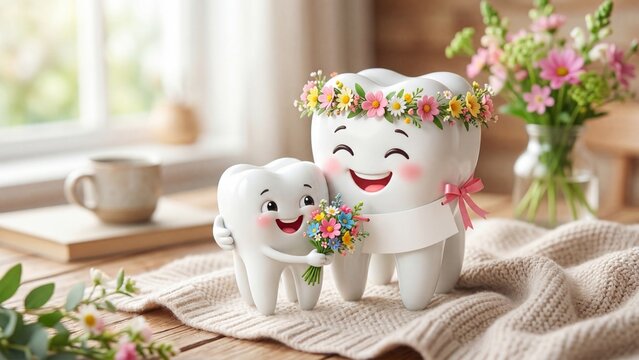 Mother tooth embracing child tooth with flower bouquet and crown. Whimsical dental family illustration for oral health happiness and kids care concept