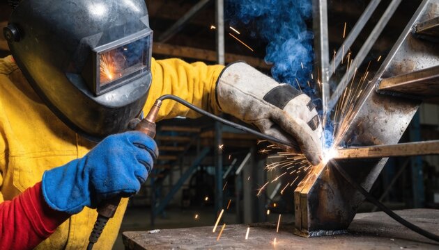 Welding metal stair stringers with precision to form strong interior staircases showcasing closeup details of bracket assembly in a workshop environment.