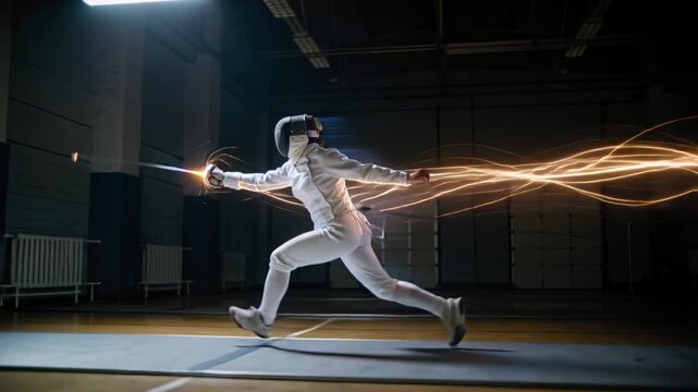 Starting low lunge with lit sword tip, white-clad fencer attacking along piste with lit trails