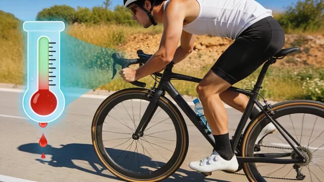 Heat overlay appearing, cyclist in white kit pushing on rural road, fighting heat, bottle visible