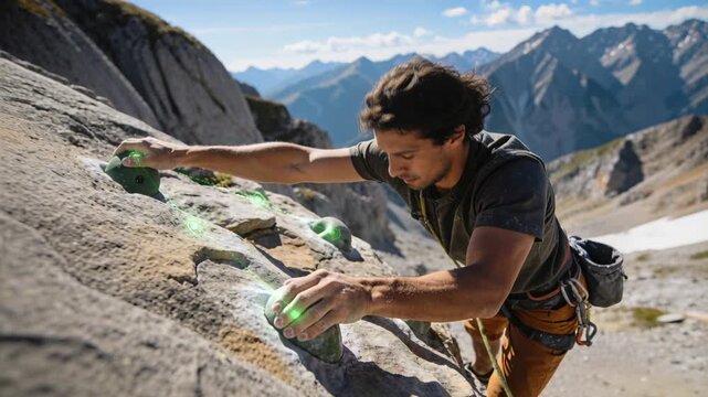 Climbing climber responding to green holds, reaching higher to ascend alpine, in dark-shirt harness