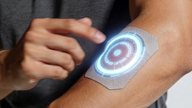 Swiping man in grey shirt touching wearable forearm patch in studio, showing blue holographic ring