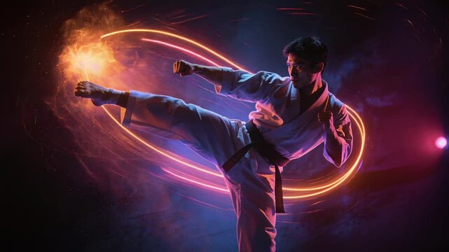 Light ring forming, Asian martial artist showing combat technique in studio, white gi black belt