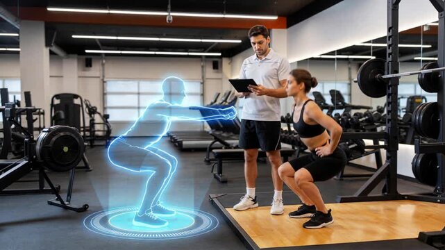 Tapping tablet, trainer guiding trainee in black bra squatting on wood platform, hologram matching