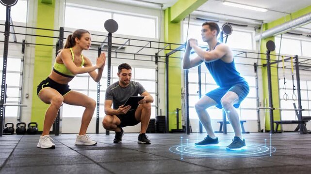 Watching coach guiding man doing squats at gym, wearing blue top, tablet overlay, copy space