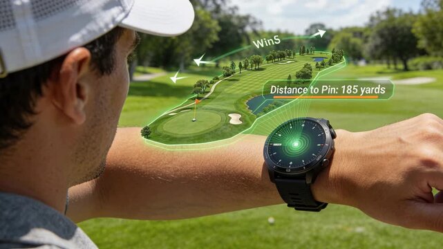 Raising left arm, golfer in cap checking watch on fairway, scan projecting 185-yard map, copy space