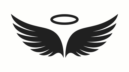 Fototapeta premium Black stylized angel wings with a halo above, a simple graphic illustration on a white background, representing divinity and spirituality.