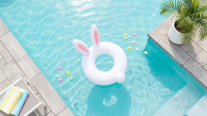 Naklejka na ściany i meble Inflatable bunny float in blue swimming pool surrounded by easter eggs. Outdoor poolside easter holiday setup with palm plant and towel. Spring seasonal fun and water recreation concept