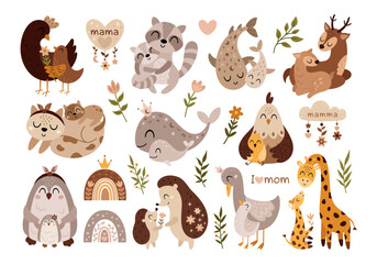 Fototapeta premium Mom and baby animals clipart set in cartoon style. Happy Mothers day images. Cute hand drawn vector illustrations.