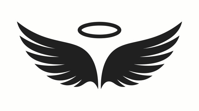 Black stylized angel wings with a halo above, a simple graphic illustration on a white background, representing divinity and spirituality.