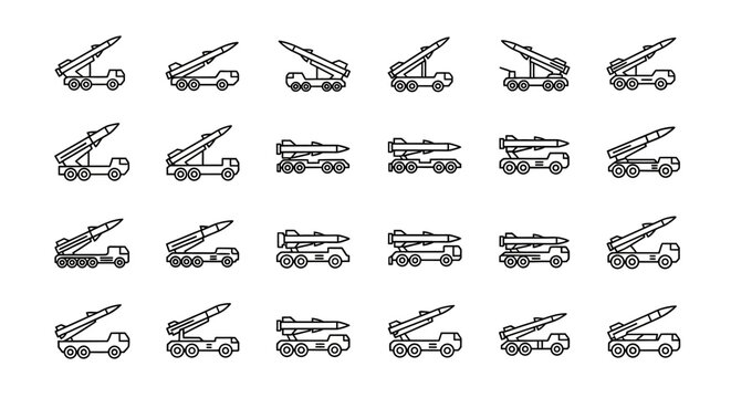 Pixel Art Missile Launcher Icons Set - Military Vehicles and Rocket Systems