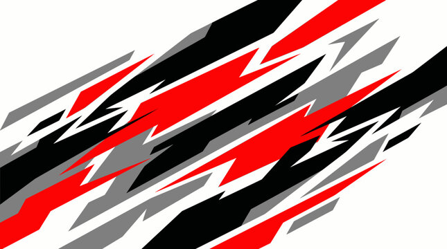 Dynamic abstract racing stripe design with sharp red, black, and grey angular shapes on a white background, conveying speed and modern energy.