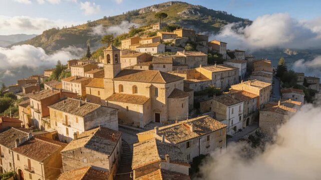 Lifting mist, breeze revealing village on sunlit ridge with stone church, bell tower and tile roofs