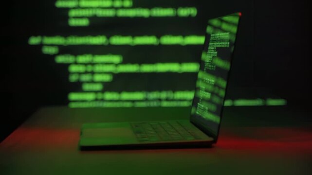 Computer laptop with green programming code lines on display in dark environment, standing on desk with hacker script background. Hacking and cybersecurity concept. 