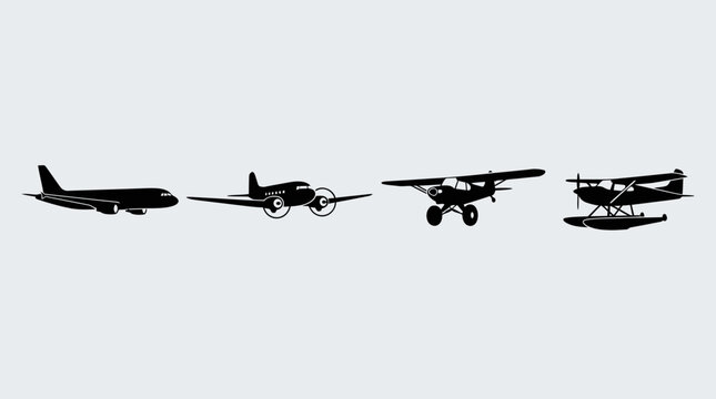 Four black silhouettes of various aircraft types, including a jetliner, vintage propeller plane, bush plane, and floatplane, against a light background.