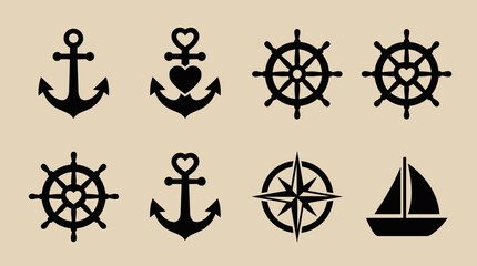 A collection of black silhouette nautical symbols including anchors, ship's wheels, a compass rose, and a sailboat on a beige background. © Ira Project
