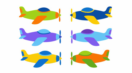 A collection of six colorful cartoon propeller airplanes in a playful, flat design style, perfect for children's themes and aviation concepts. © Ira Project