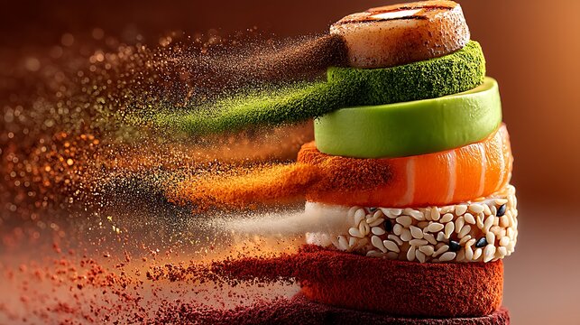 Visually striking culinary tower showcases vibrant layers of exotic ingredients exploding with aromatic, colorful seasoning powders in a dynamic presentation.