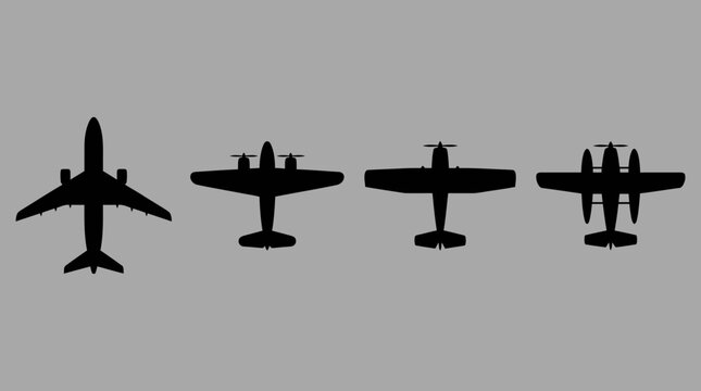 Four distinct black airplane silhouettes against a grey background, showcasing various aircraft types from passenger jets to propeller planes.