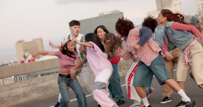 Dancing, group and dancers on bridge in city with hip hop routine practicing for flash mob. Happy, freedom and people with freestyle, groove or choreography in street with rhythm in urban town.