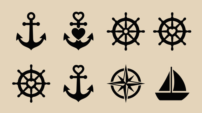 A collection of black silhouette nautical symbols including anchors, ship's wheels, a compass rose, and a sailboat on a beige background.