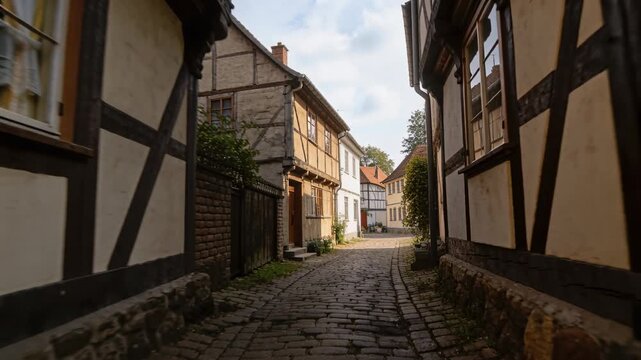 Gliding camera moving forward through narrow historic lane, revealing timbered houses and drainpipe