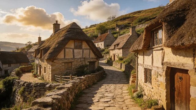 Moving camera revealing central thatched cottages and cobbled path at hill village, bringing closer