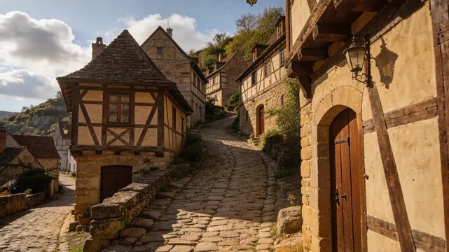 Panning camera moving forward along cobbled uphill lane, revealing timber beams and cobble texture