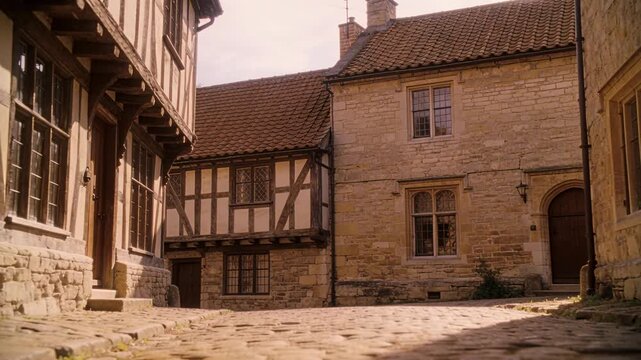 Camera dollying forward, revealing timbered and stone houses in courtyard, with cobbled lane