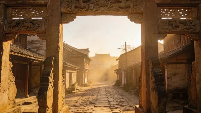 Moving camera framing carved gateway, dollying through arch onto worn street and revealing sunbeams
