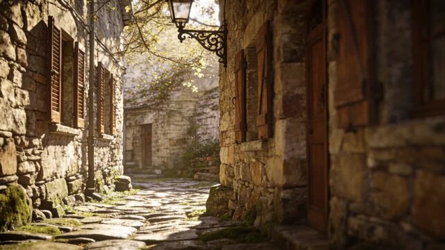 Gliding camera moving forward through narrow sunlit stone lane, revealing iron lantern and moss
