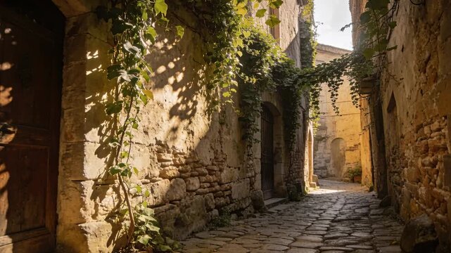 Camera panning down stone alley, AR tags tracing door, cobbles, vines to sunlit arch for design