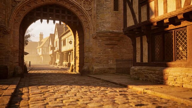 Starting camera over cobbles moving through carved stone arch into Tudor street with timber houses