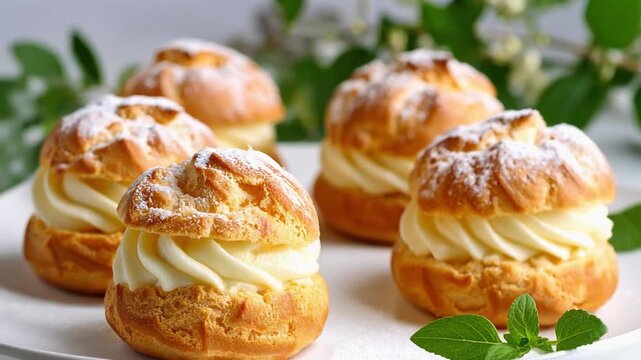Cream filled choux pastries dusted with powdered sugar, showcasing delicate French dessert craftsmanship and elegant bakery presentation.
