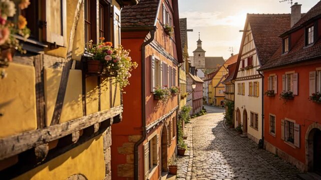 Moving camera sun traveling across warm half-timbered walls with window boxes opening lane to tower