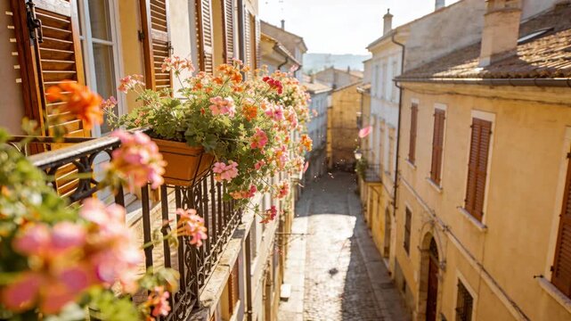 Sending petals by light breeze from balcony planter on railing down sunlit cobblestone street
