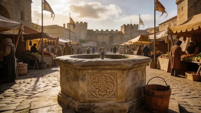 Camera framing well in market, vendors arranging wares, shoppers in tunics buying, flags fluttering