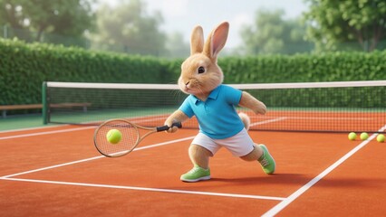 Fototapeta premium Anthropomorphic rabbit playing tennis on outdoor court. Cute bunny athlete hitting yellow ball with racket across net. Fun animal sports illustration for kids entertainment and easter holiday theme