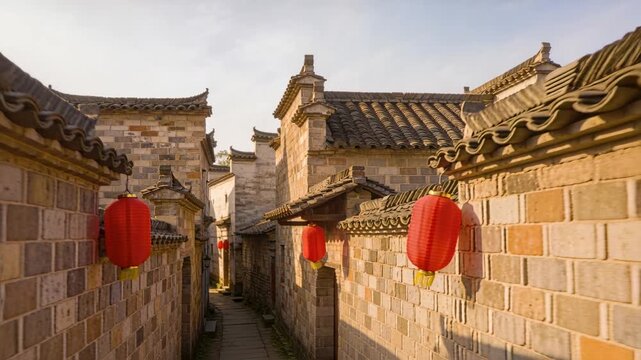 Advancing camera revealing narrow historic alley at sunny village, showing depth with red lanterns