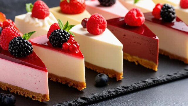 Assorted cheesecake slices topped with fresh berries and glossy fruit glaze, showcasing elegant dessert presentation and rich creamy texture.
